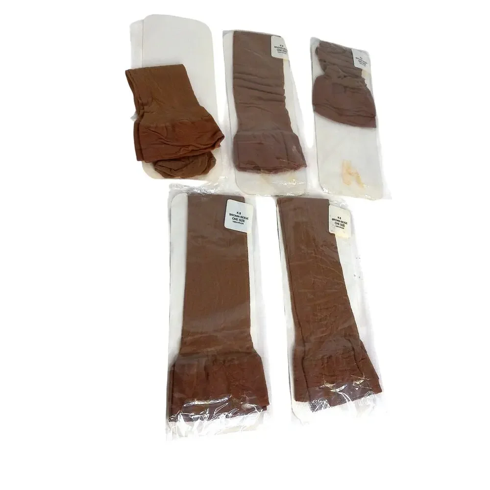Vintage 1970s 1980s Knee High Stockings Brown Beige Nylon Socks Lot of 5